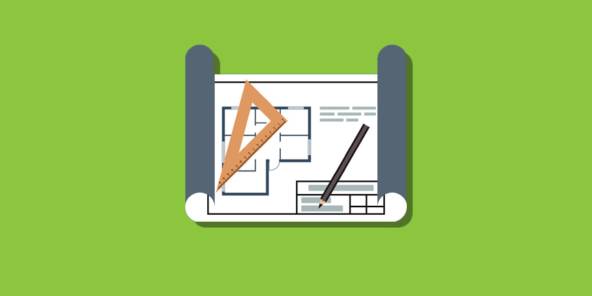 A blueprint for a building project with a pencil and a set square resting on the plan.