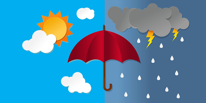 Vector image of umbrella showing rain and sunshine in each half