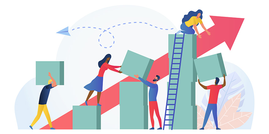 Vector image of men and women working as a team building something with green blocks