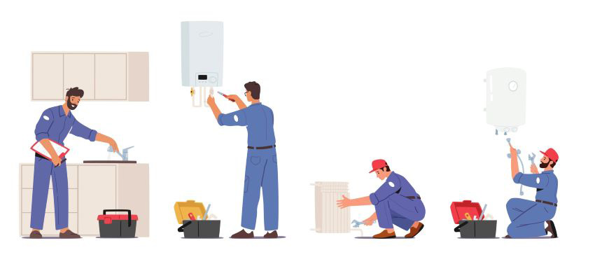 Worker fixing various everyday items such as a boiler and a tap.