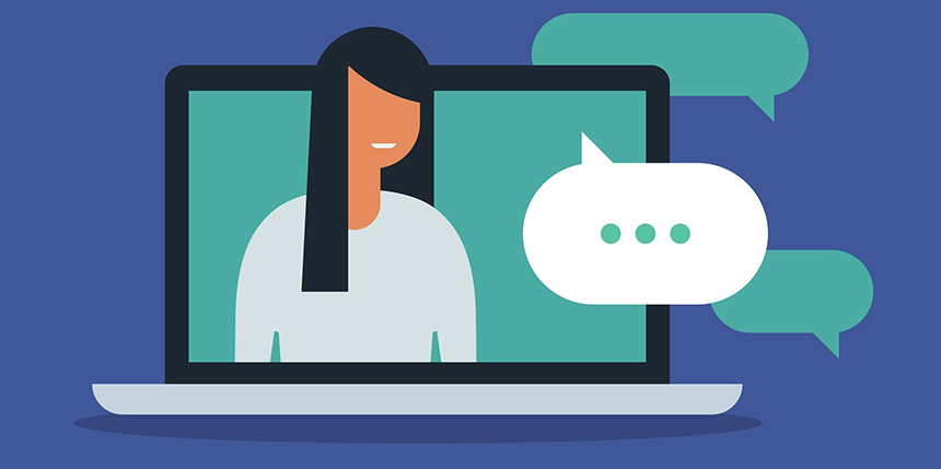 Illustration of person with long hair on laptop screen with speech bubbles 