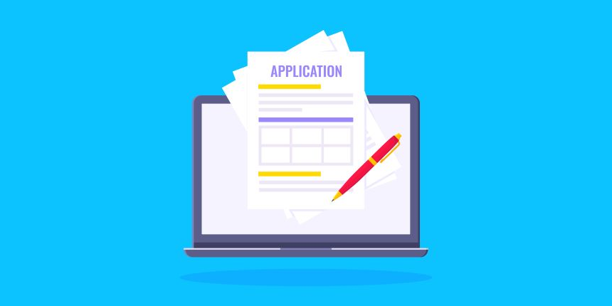 Laptop vector on a blue background with an application form and pen over the screen.