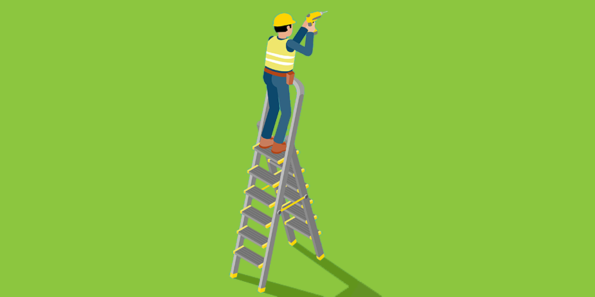 Vector image of man working at height up a ladder