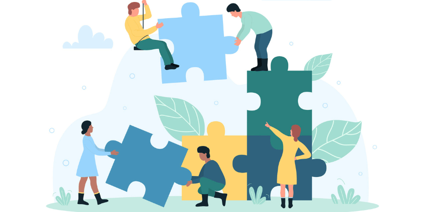 Illustration of people working together on large jigsaw 