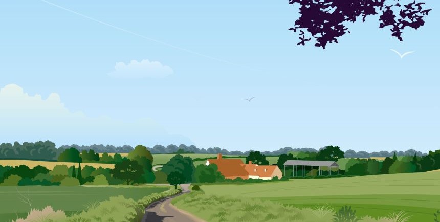 Illustration of a farm in rural countryside