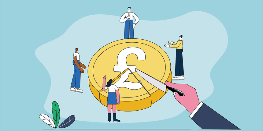 A large pound coin being sliced up like a cake and divided between different people who are standing around the coin.