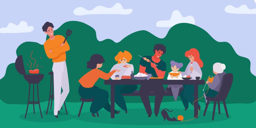 An illustration of a group of people having a barbecue surrounded by green countryside